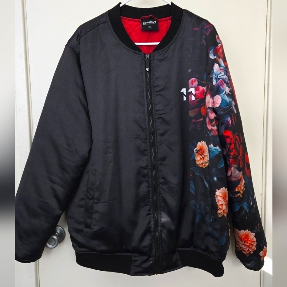 Fresh Hoods Bomber Jacket Coat Black Red Floral Mens XL EUC